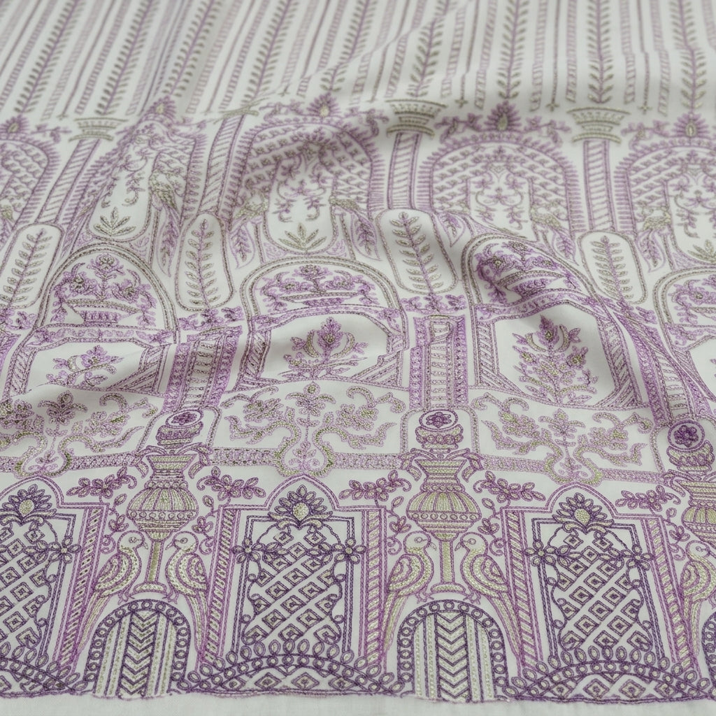 Swirled Embroidery Cream Purple Embroidery Georgette Fabric