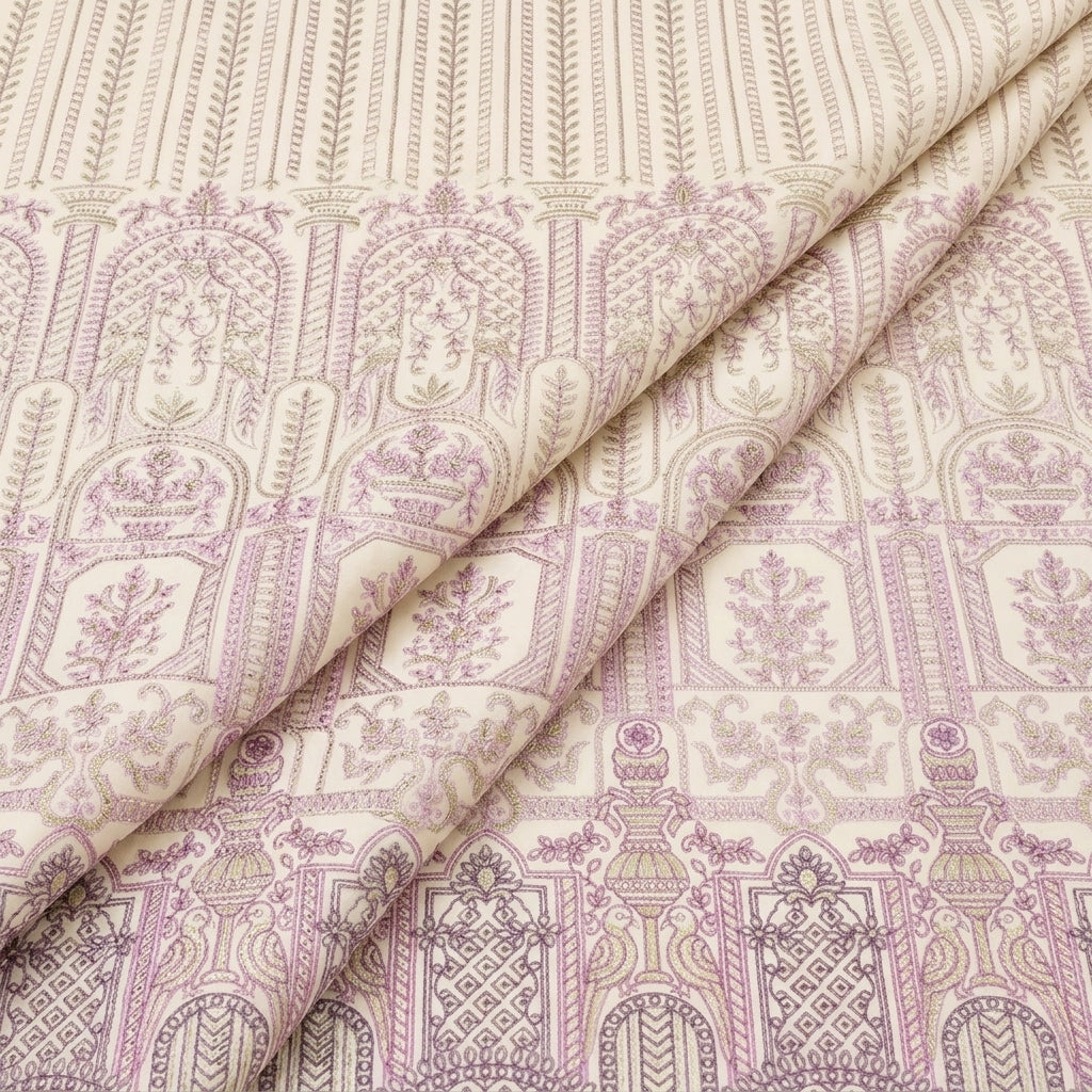 Folded Embroidery Cream Purple Embroidery Georgette Fabric