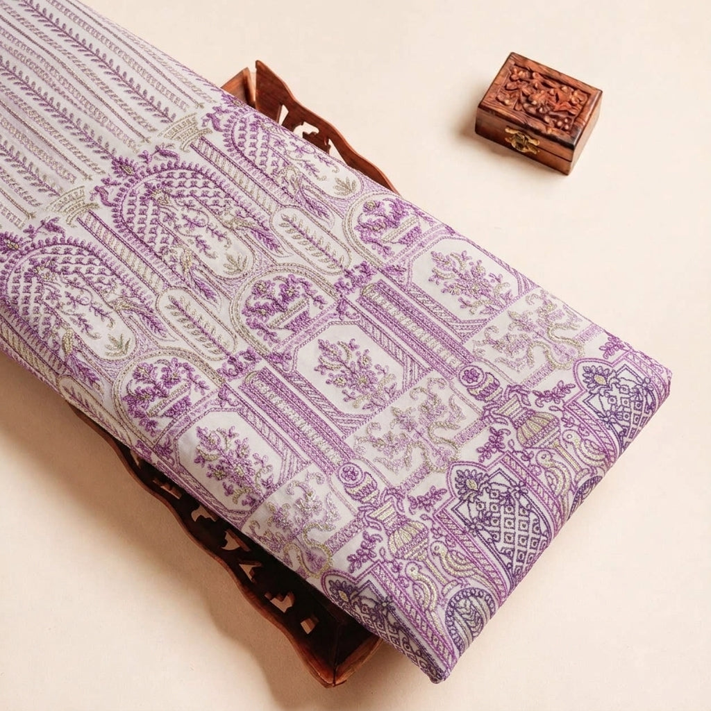 Folded Cream Purple Embroidery Georgette Fabric Highlighting and Texture