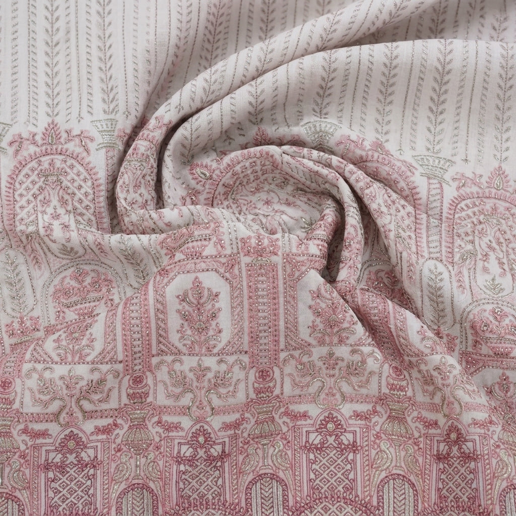 Swirled Embroidery Cream Pink Embroidery Georgette Fabric