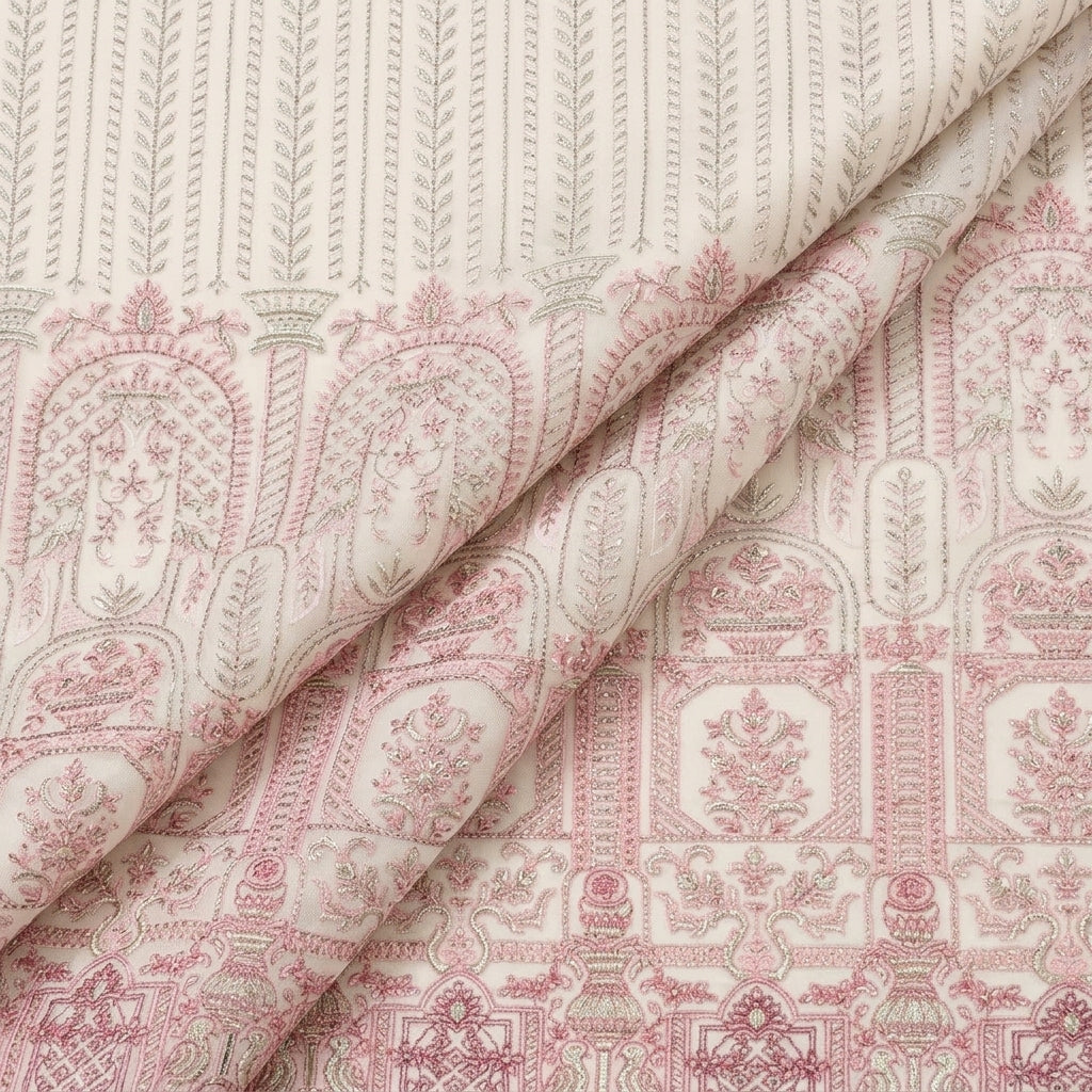 Folded Embroidery Cream Pink Embroidery Georgette Fabric