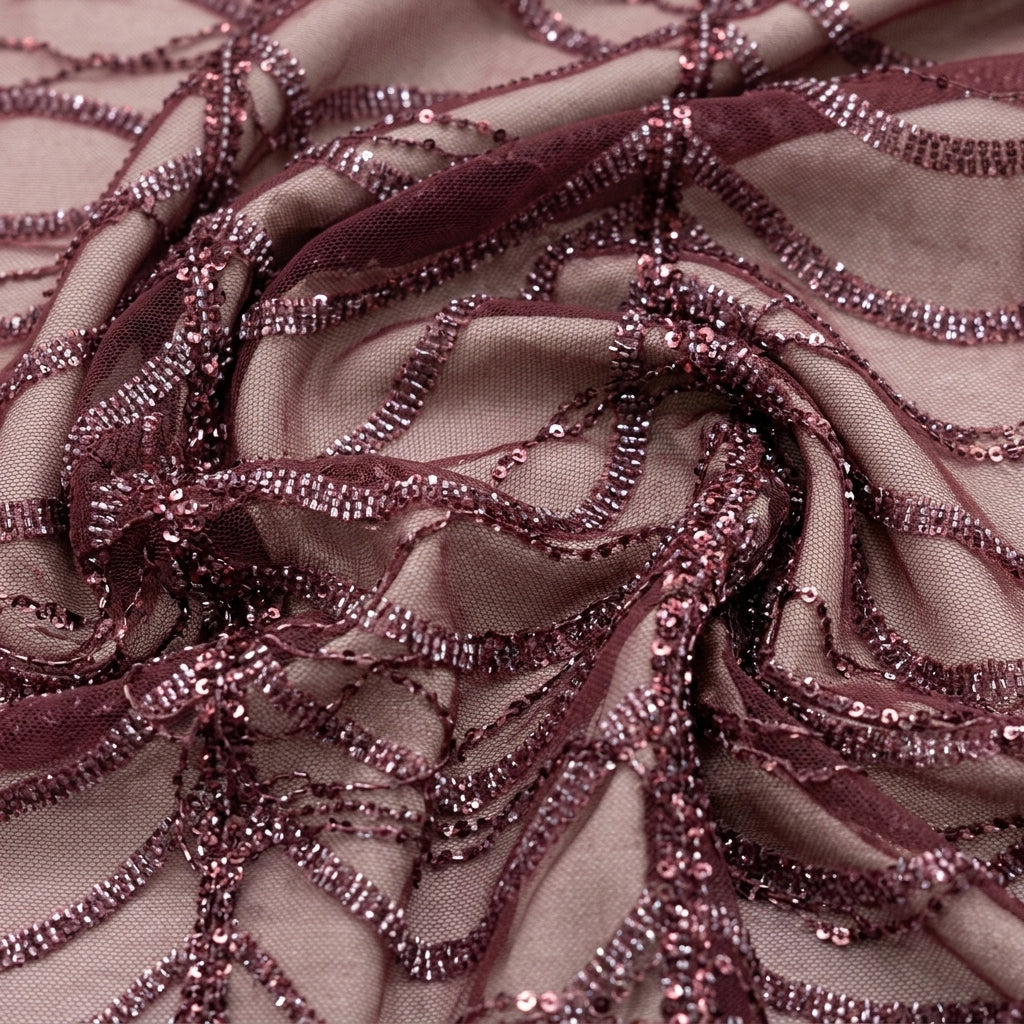 Swirled Embroidery Wine Embroidery Net Fabric