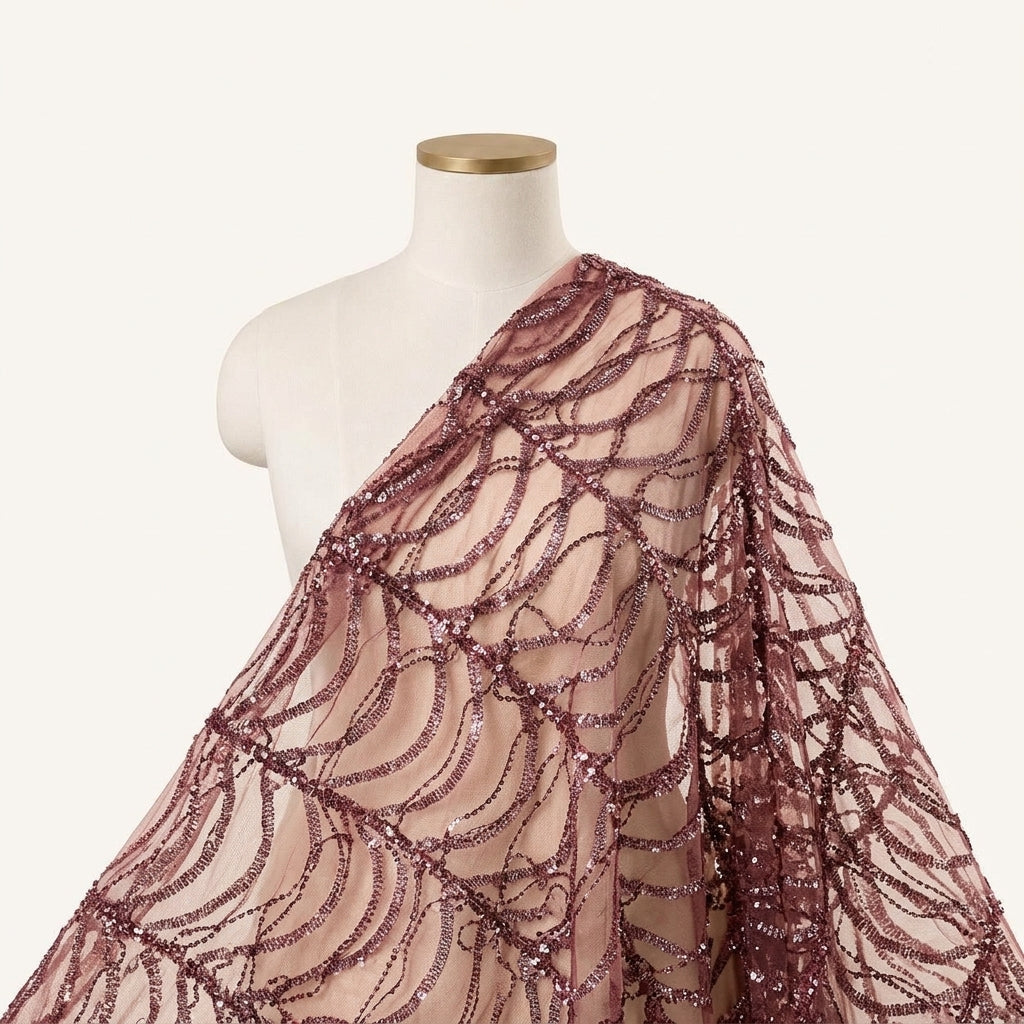 Embroidery Wine Embroidery Net Fabric Draped as a saree