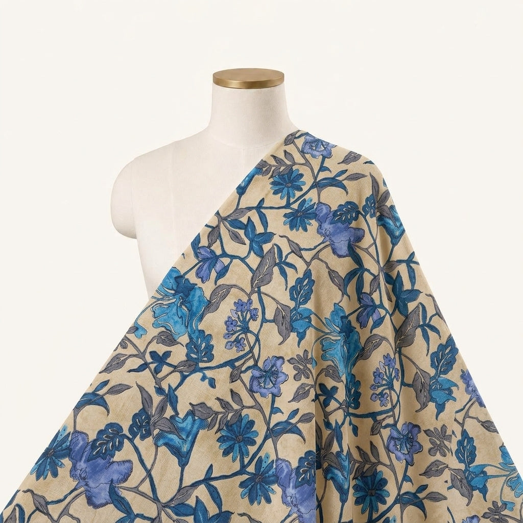 Floral Beige Floral Cotton Fabric Draped as a saree