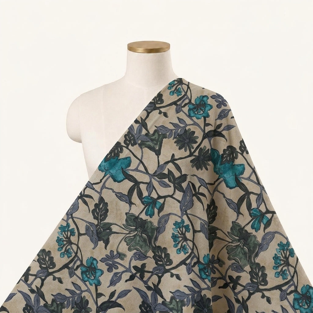 Floral Beige Floral Cotton Fabric Draped as a saree