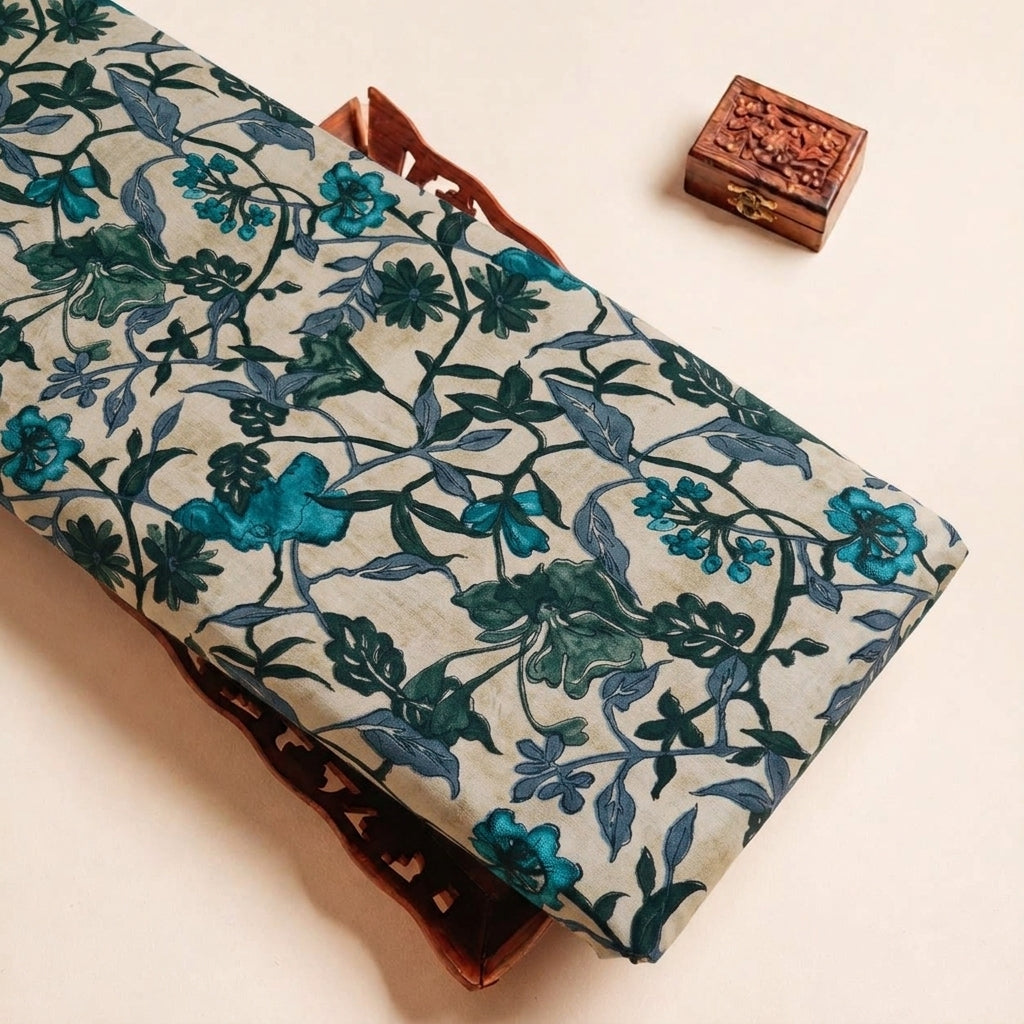 Folded Beige Floral Cotton Fabric Highlighting and Texture