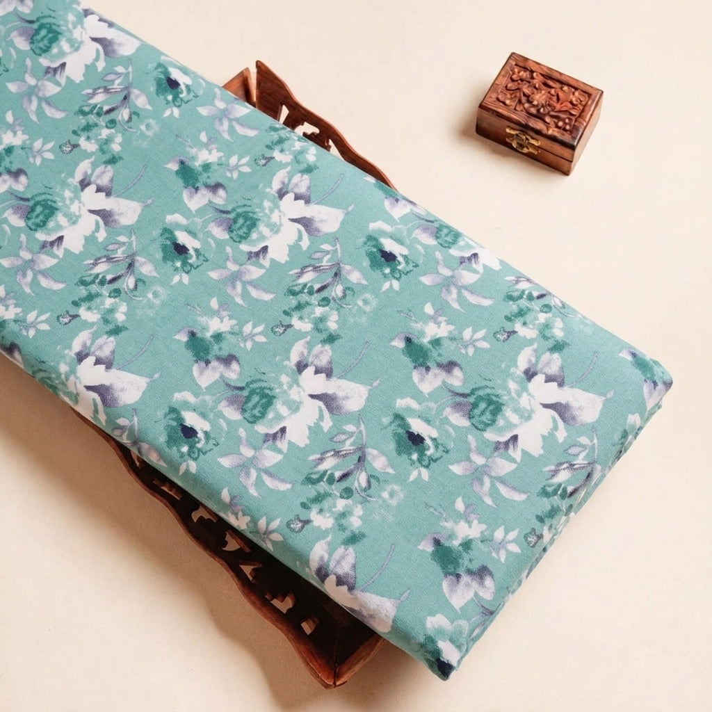 Folded Green Floral Cotton Fabric Highlighting and Texture
