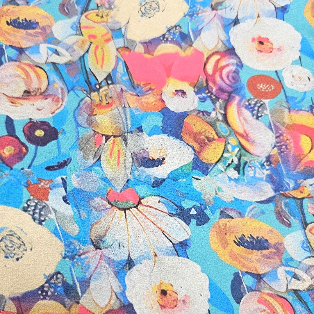 Blue Floral Satin Fabric - EC14128 - EC14128 - Flat fabric