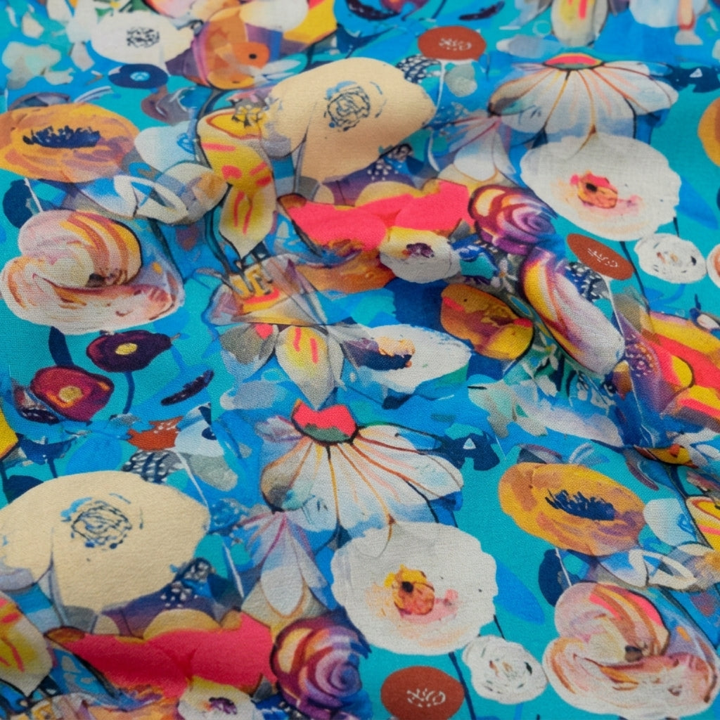 Swirled Floral Blue Floral Satin Fabric