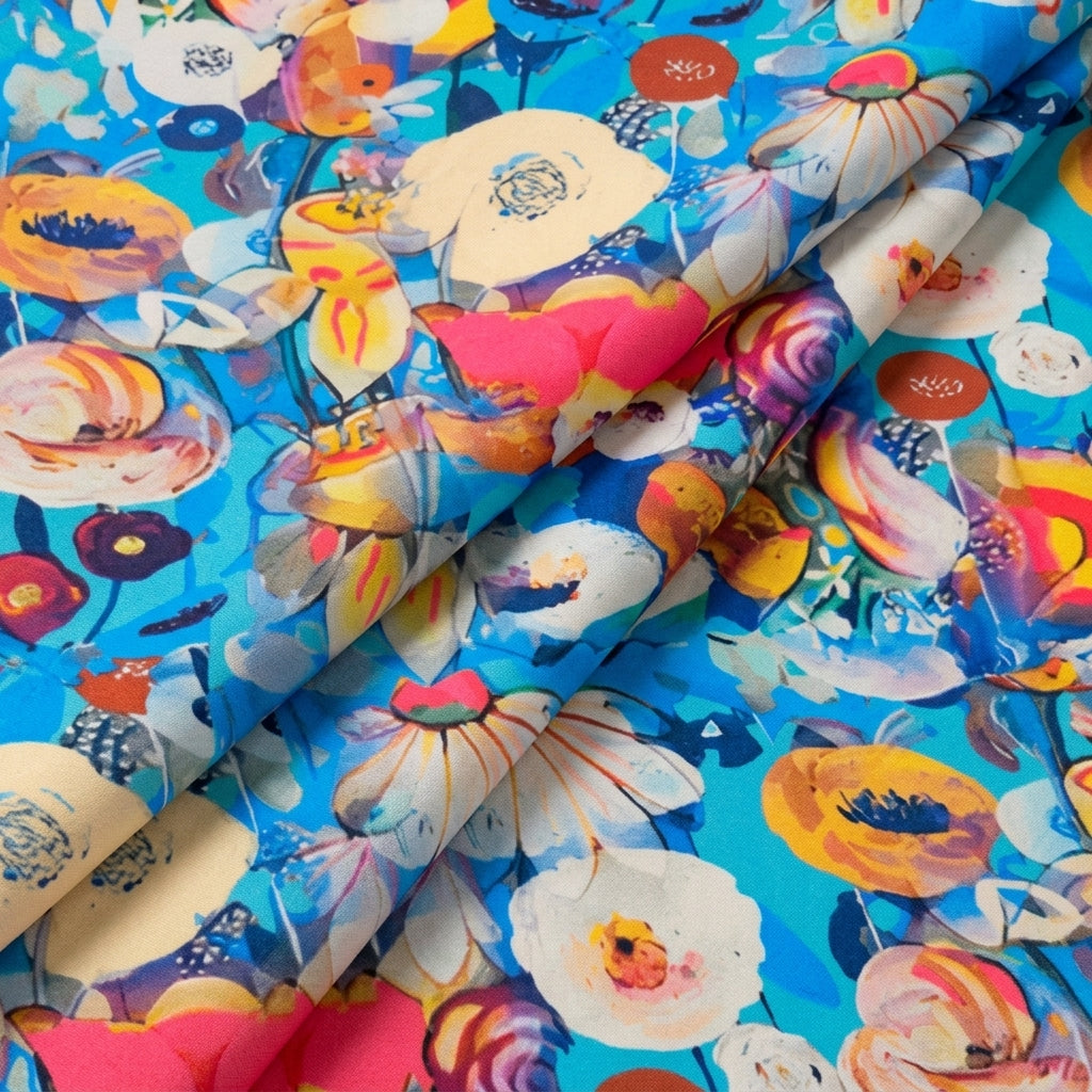 Folded Floral Blue Floral Satin Fabric