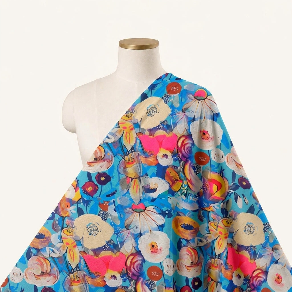 Floral Blue Floral Satin Fabric Draped as a saree