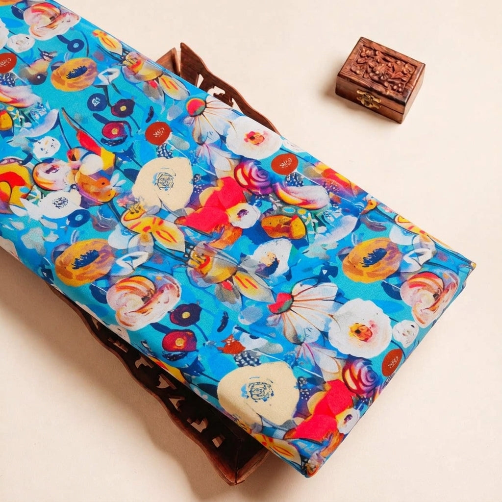Folded Blue Floral Satin Fabric Highlighting and Texture