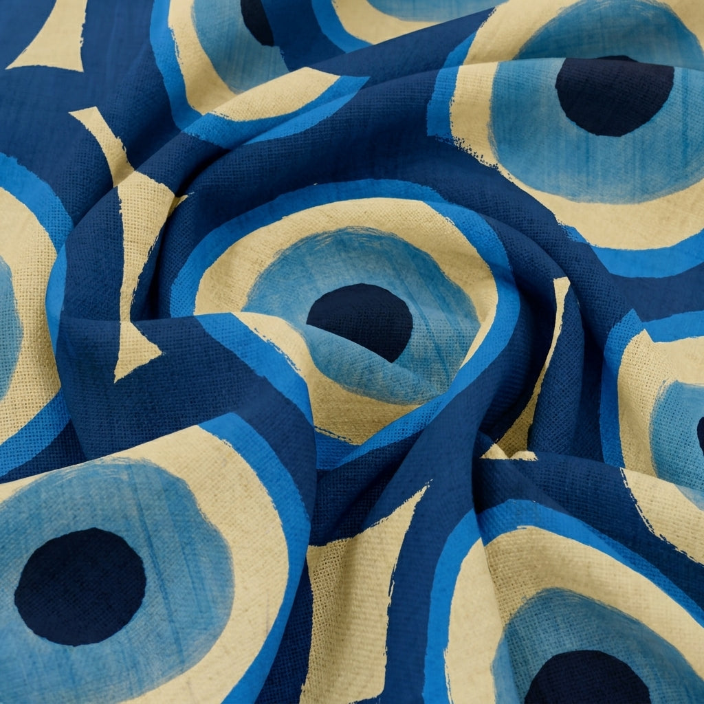 Swirled Printed Blue Printed Satin Fabric