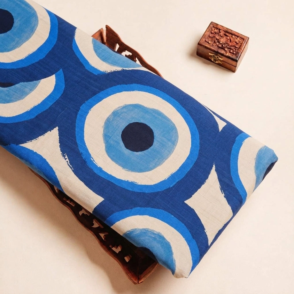Folded Blue Printed Satin Fabric Highlighting and Texture