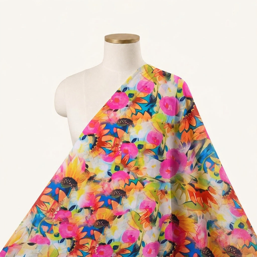 Floral Pink Floral Satin Fabric Draped as a saree