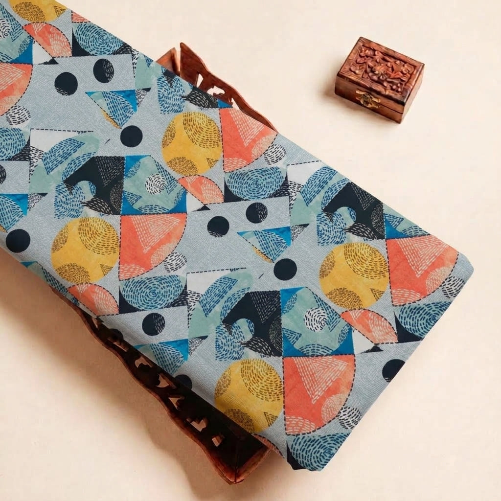 Blue Abstract Tussar Fabric, folded