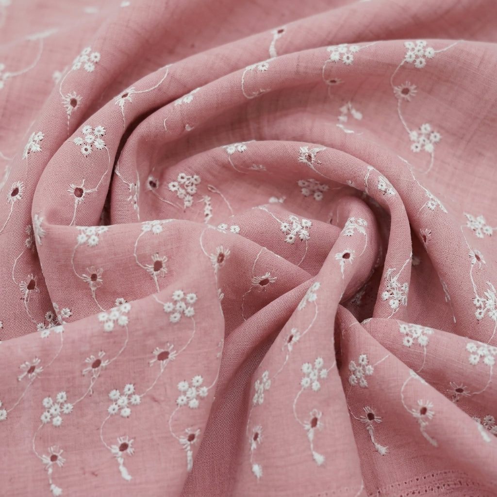 Swirled Embroidery Pink Embroidery Cotton Fabric