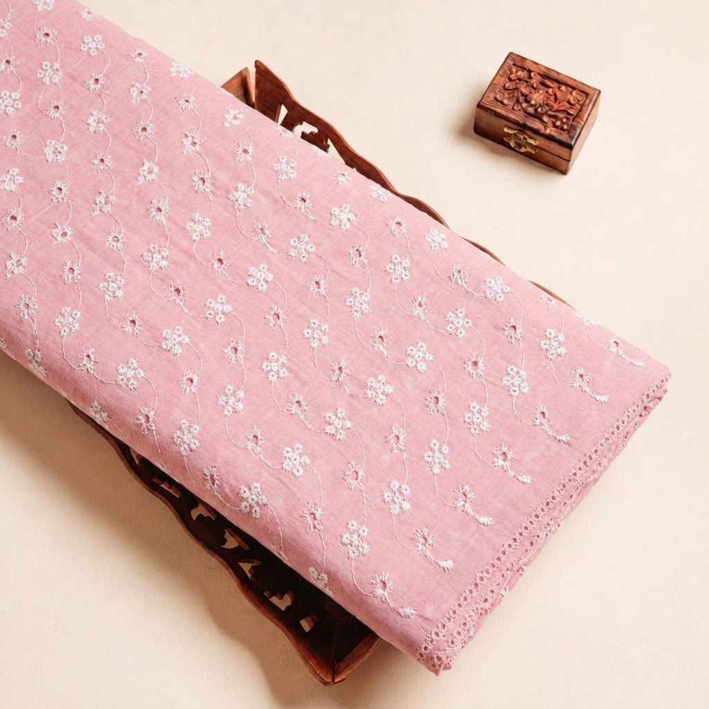 Folded Pink Embroidery Cotton Fabric Highlighting Thread Work Floral and Texture
