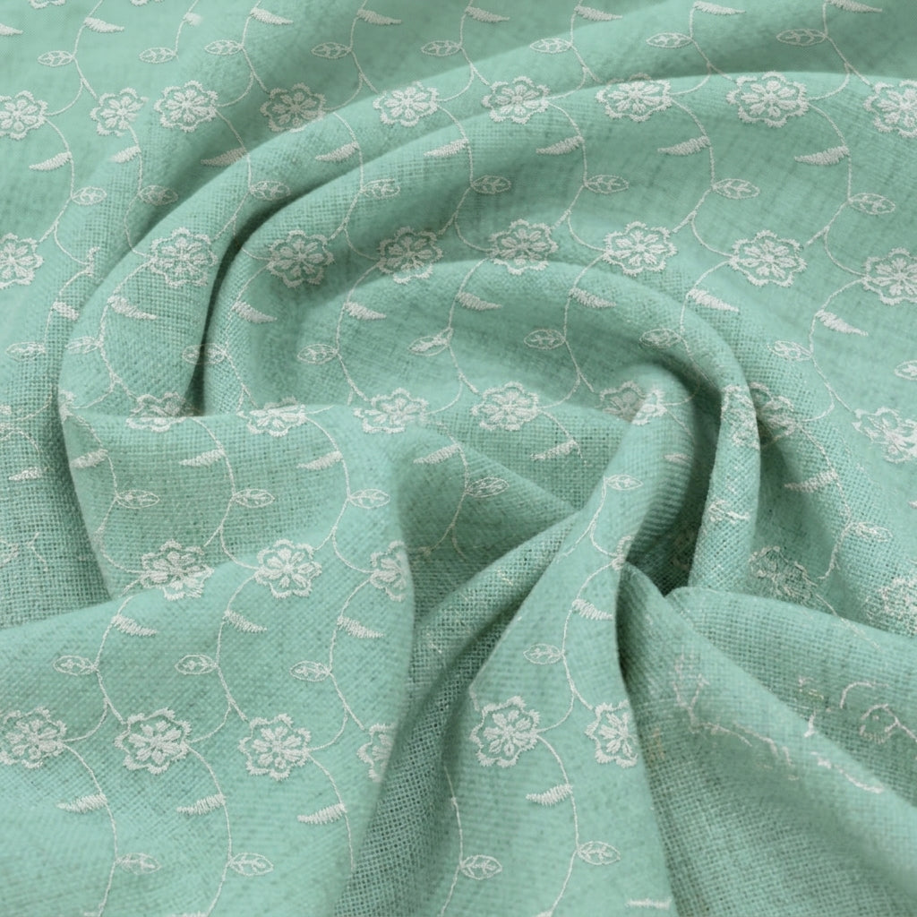 Swirled Embroidery Green Embroidery Cotton Fabric