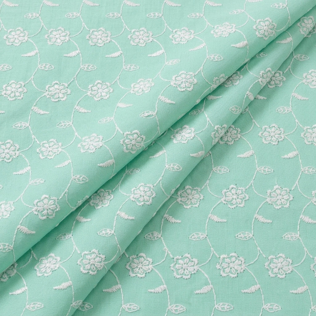 Folded Embroidery Green Embroidery Cotton Fabric