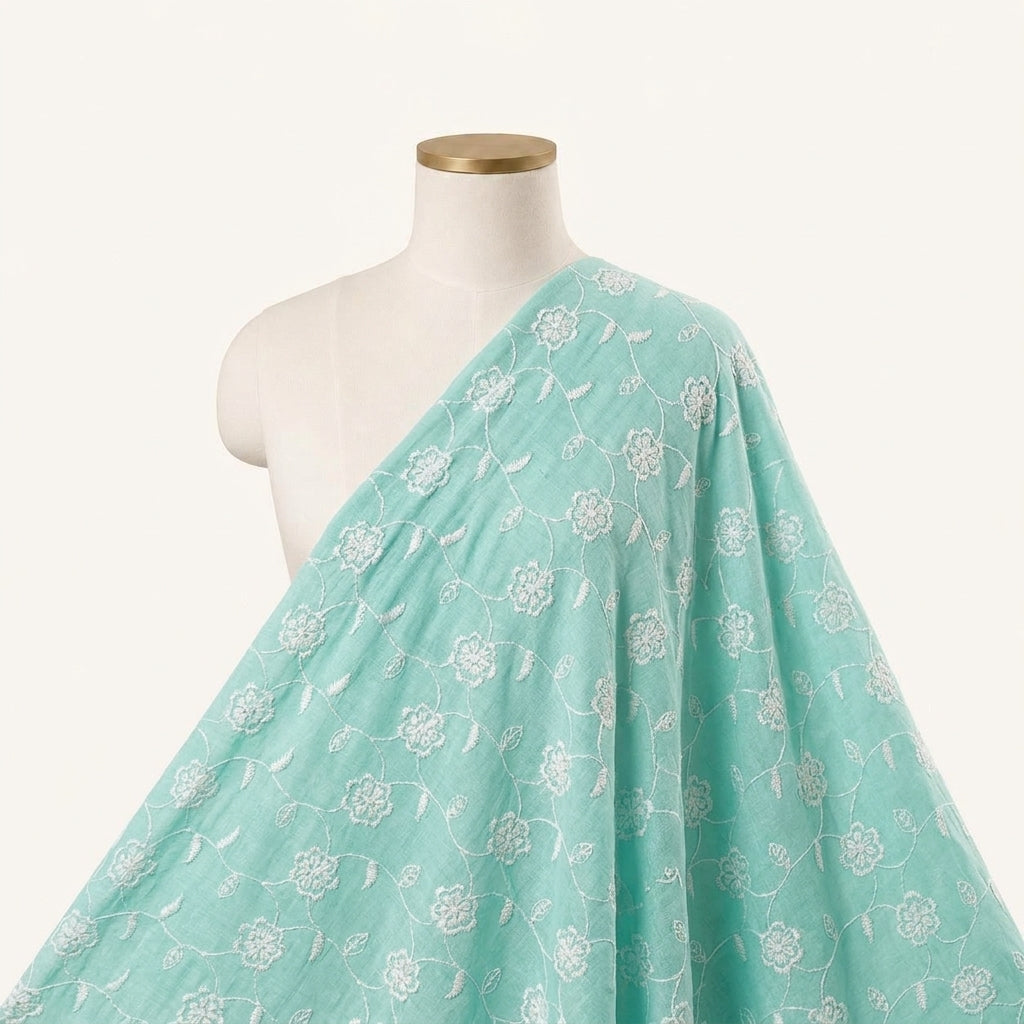 Embroidery Green Embroidery Cotton Fabric Draped as a saree
