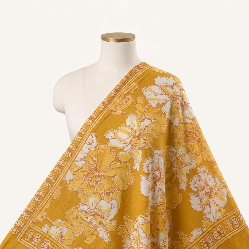 Floral Yellow Floral Cotton Fabric Draped as a saree