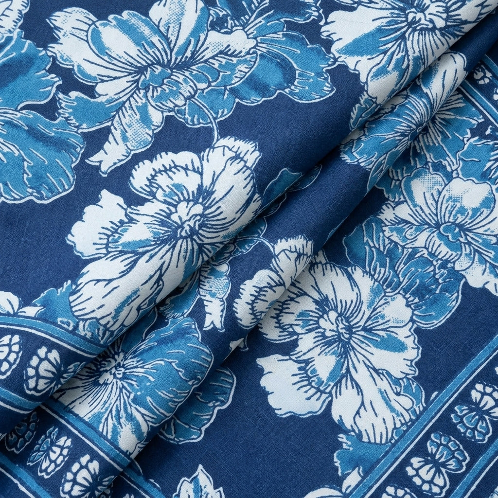 Folded Floral Blue Floral Cotton Fabric