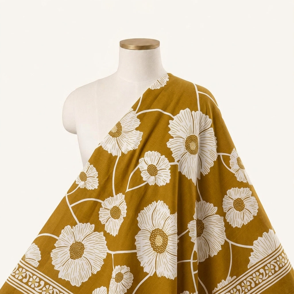 Floral Mustard Floral Cotton Fabric Draped as a saree