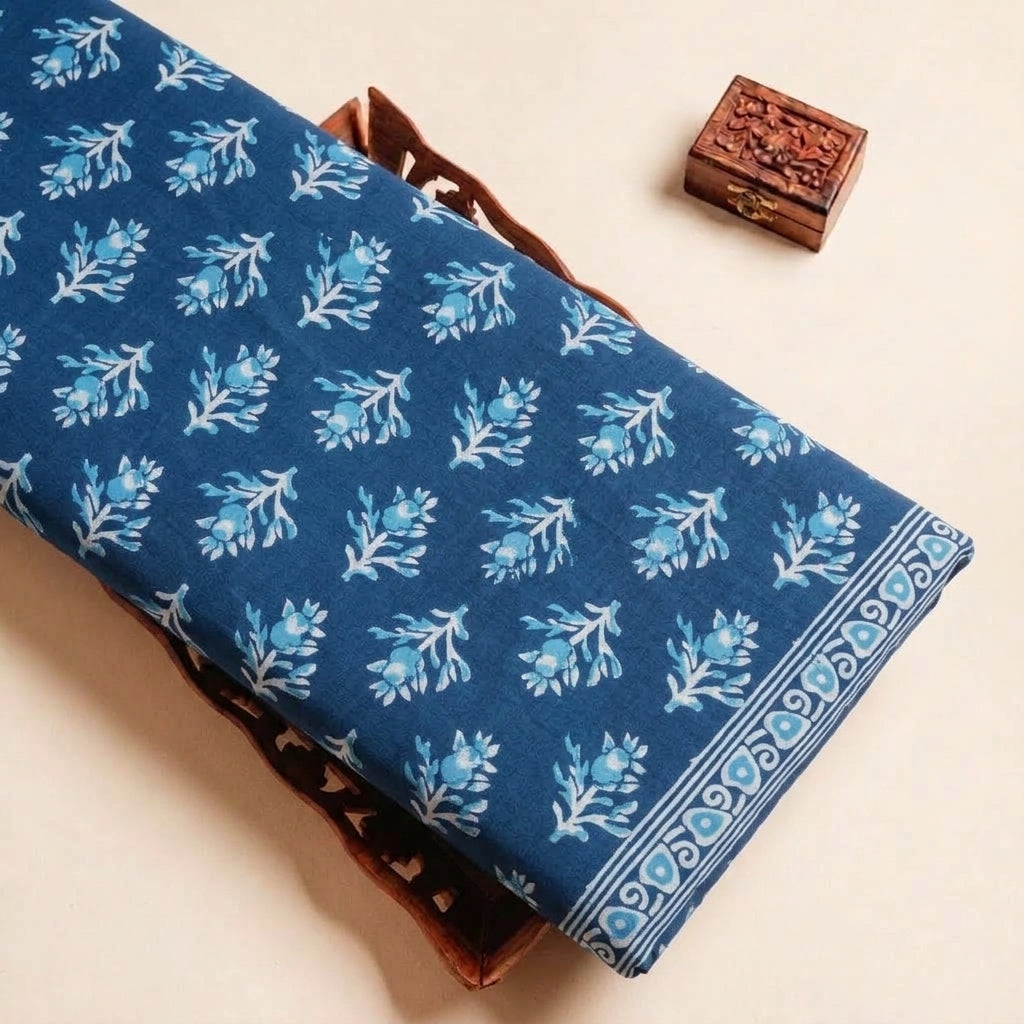 Folded Blue Floral Cotton Fabric Highlighting Border and Texture