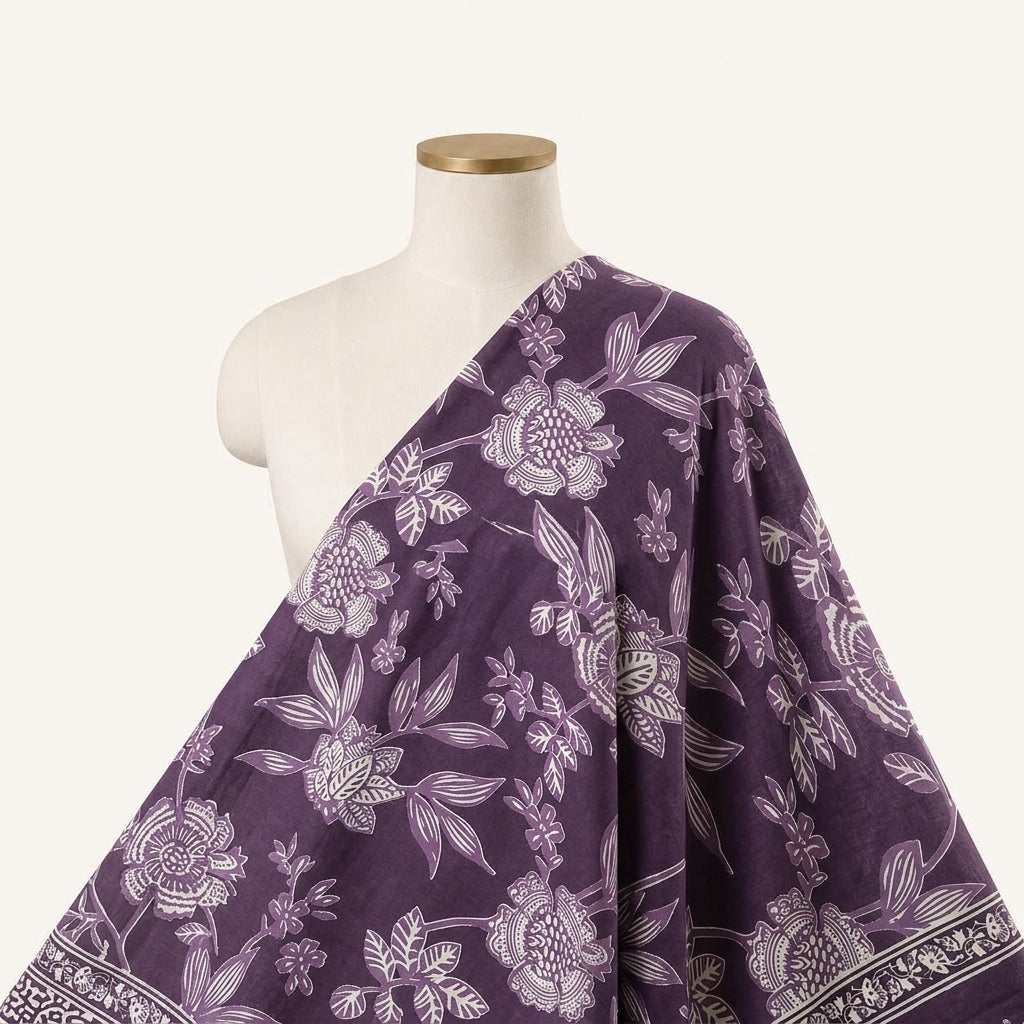 Floral Purple Floral Cotton Fabric Draped as a saree