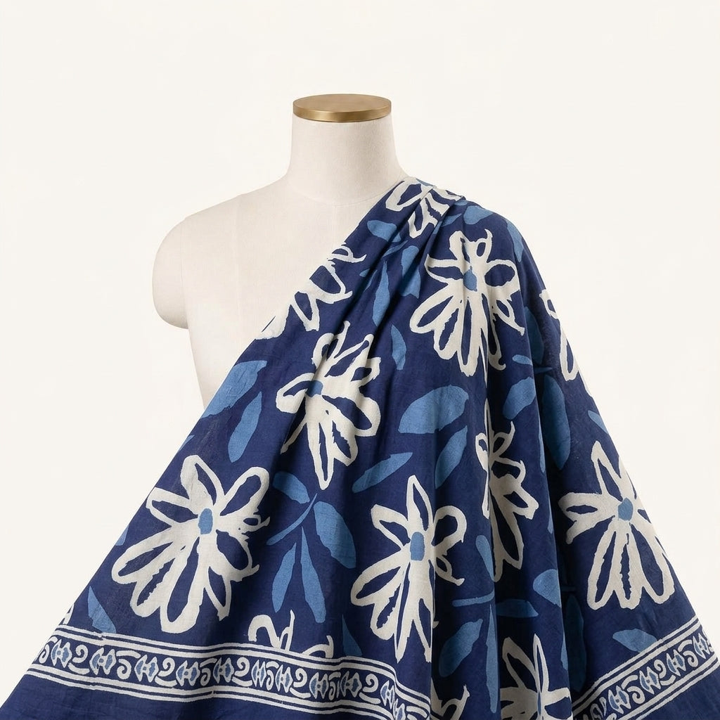 Floral Blue Floral Cotton Fabric Draped as a saree