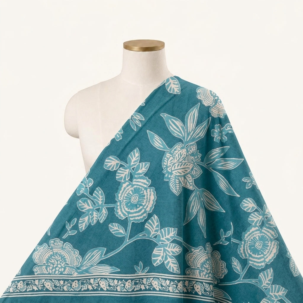 Floral Light Blue Floral Cotton Fabric Draped as a saree