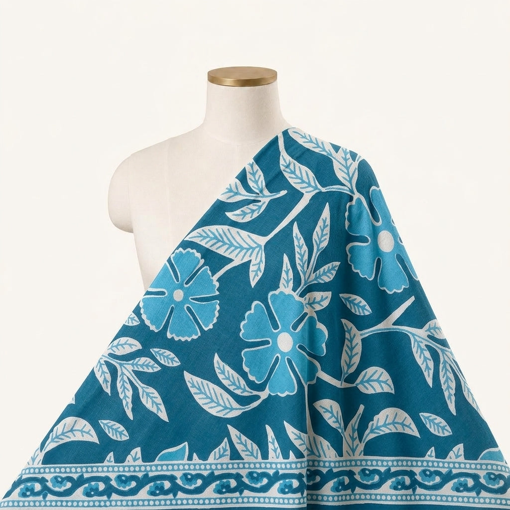 Floral Blue Floral Cotton Fabric Draped as a saree