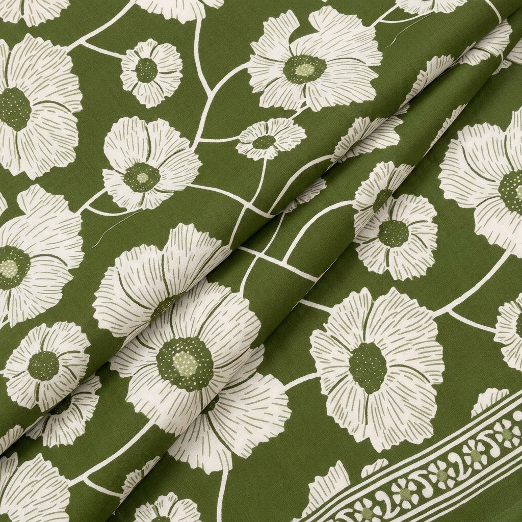 Folded Floral Green Floral Cotton Fabric