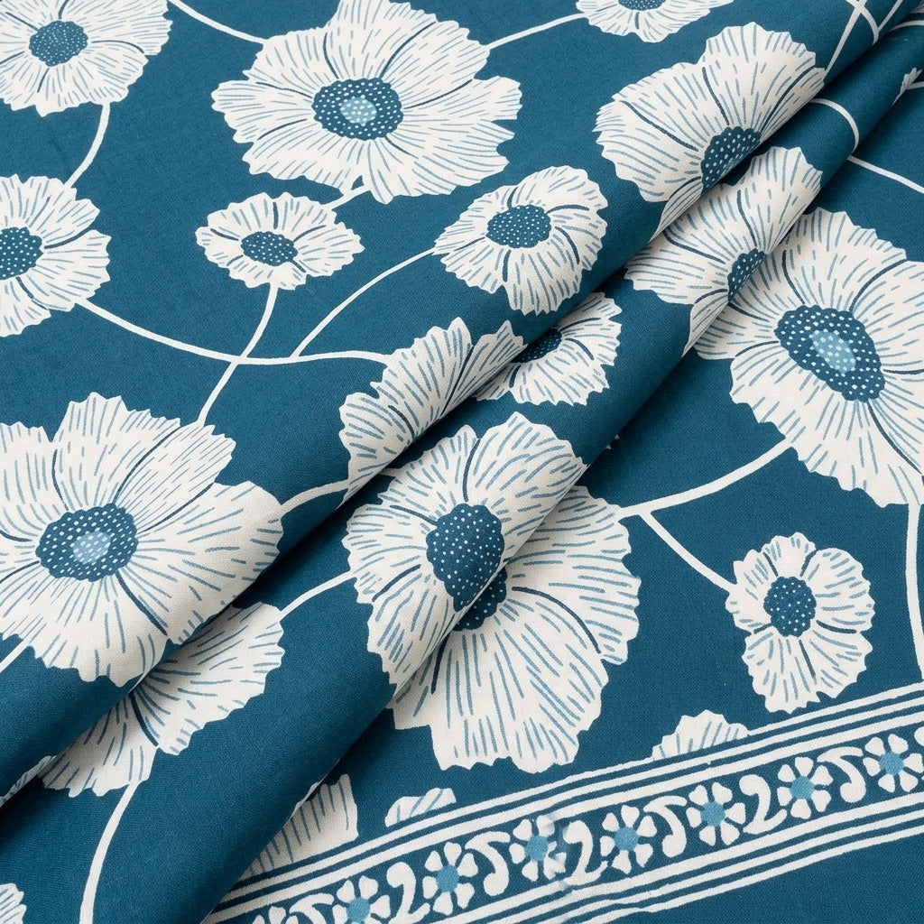 Folded Floral Blue Floral Cotton Fabric