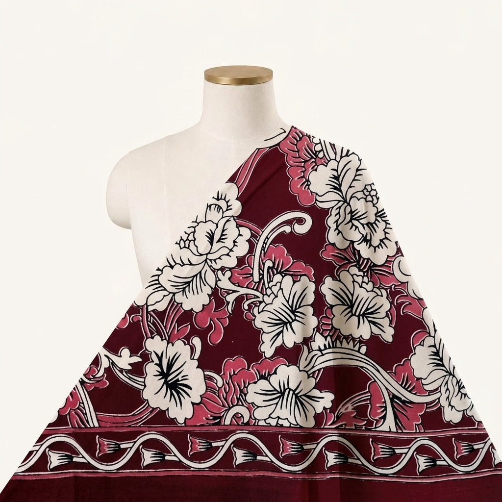 Floral Maroon Floral Cotton Fabric Draped as a saree