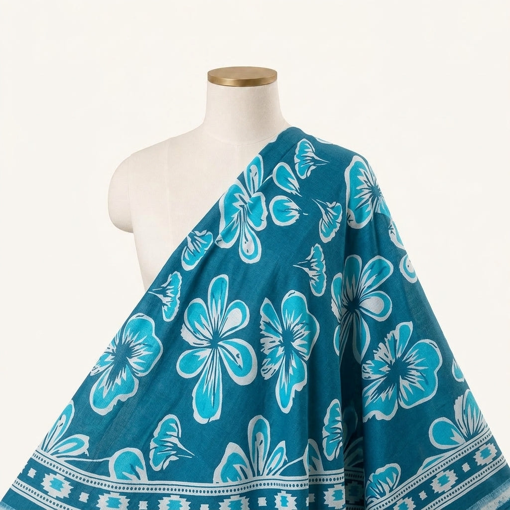 Floral Blue Floral Cotton Fabric Draped as a saree