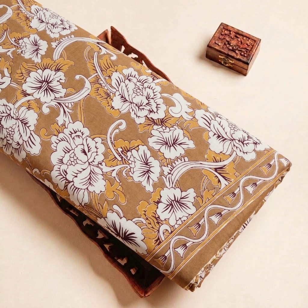Folded Mustard Floral Cotton Fabric Highlighting Border and Texture