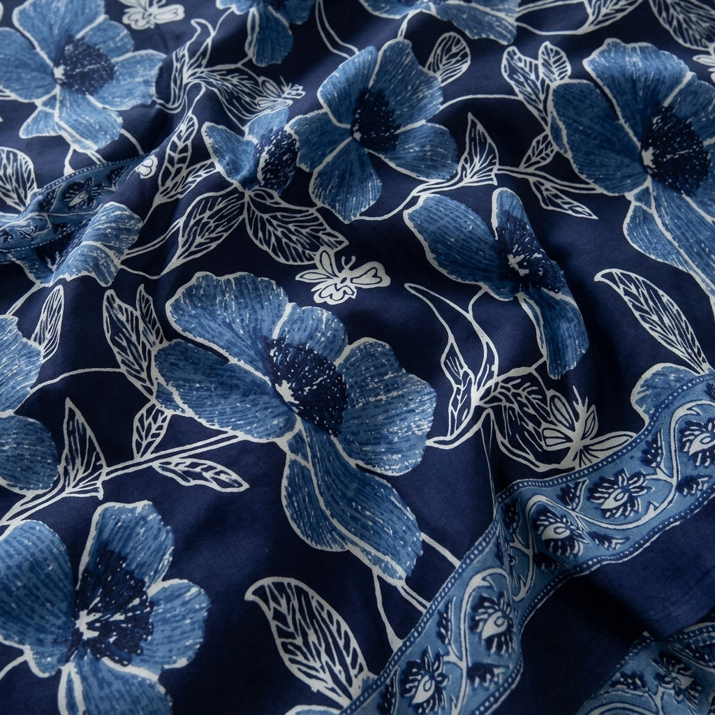 Swirled Floral Navy Blue Floral Cotton Fabric