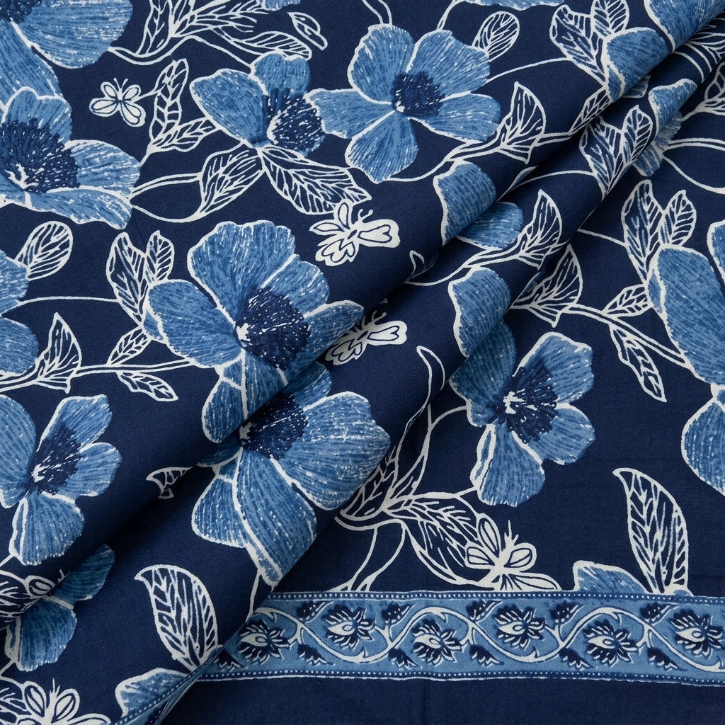 Folded Floral Navy Blue Floral Cotton Fabric