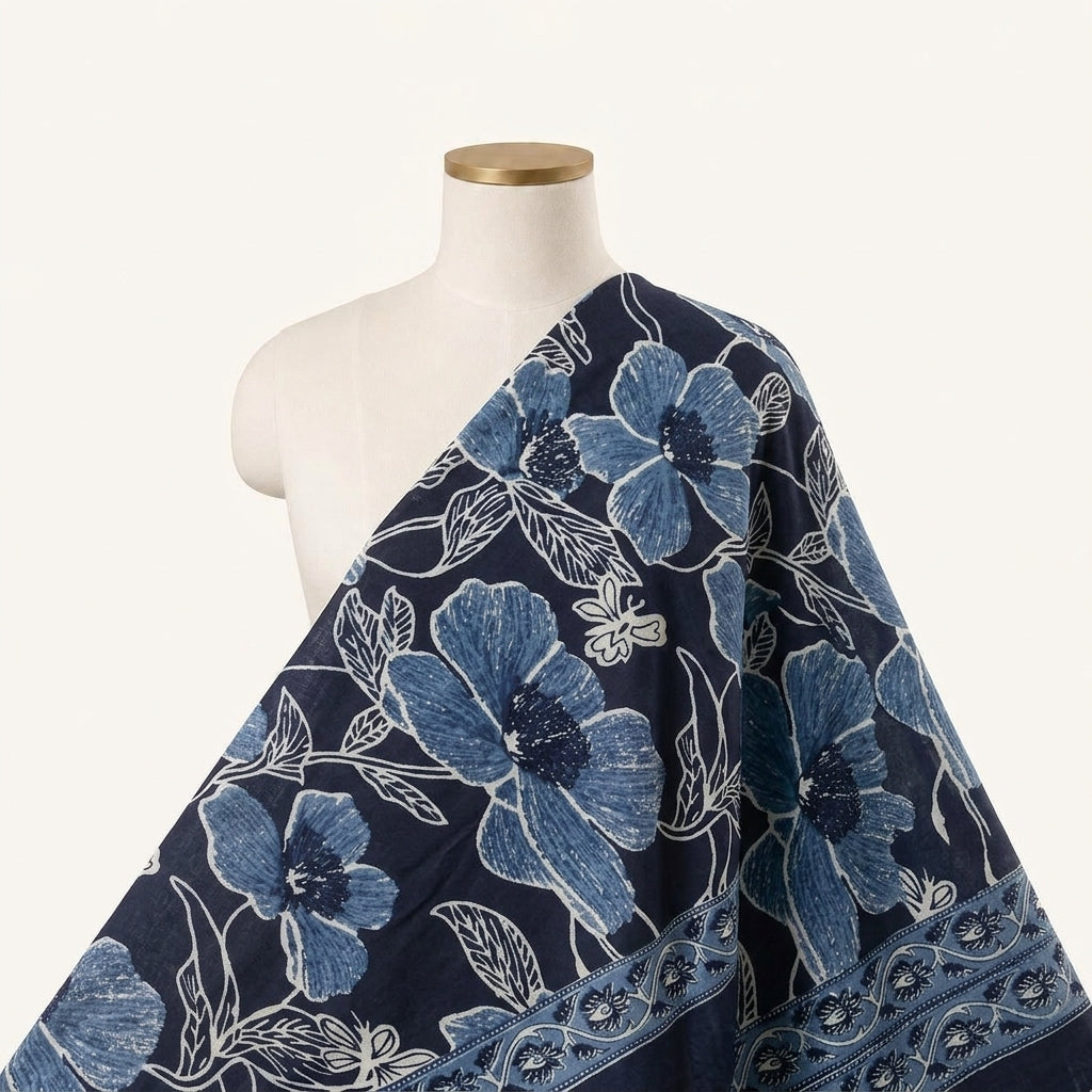 Floral Navy Blue Floral Cotton Fabric Draped as a saree