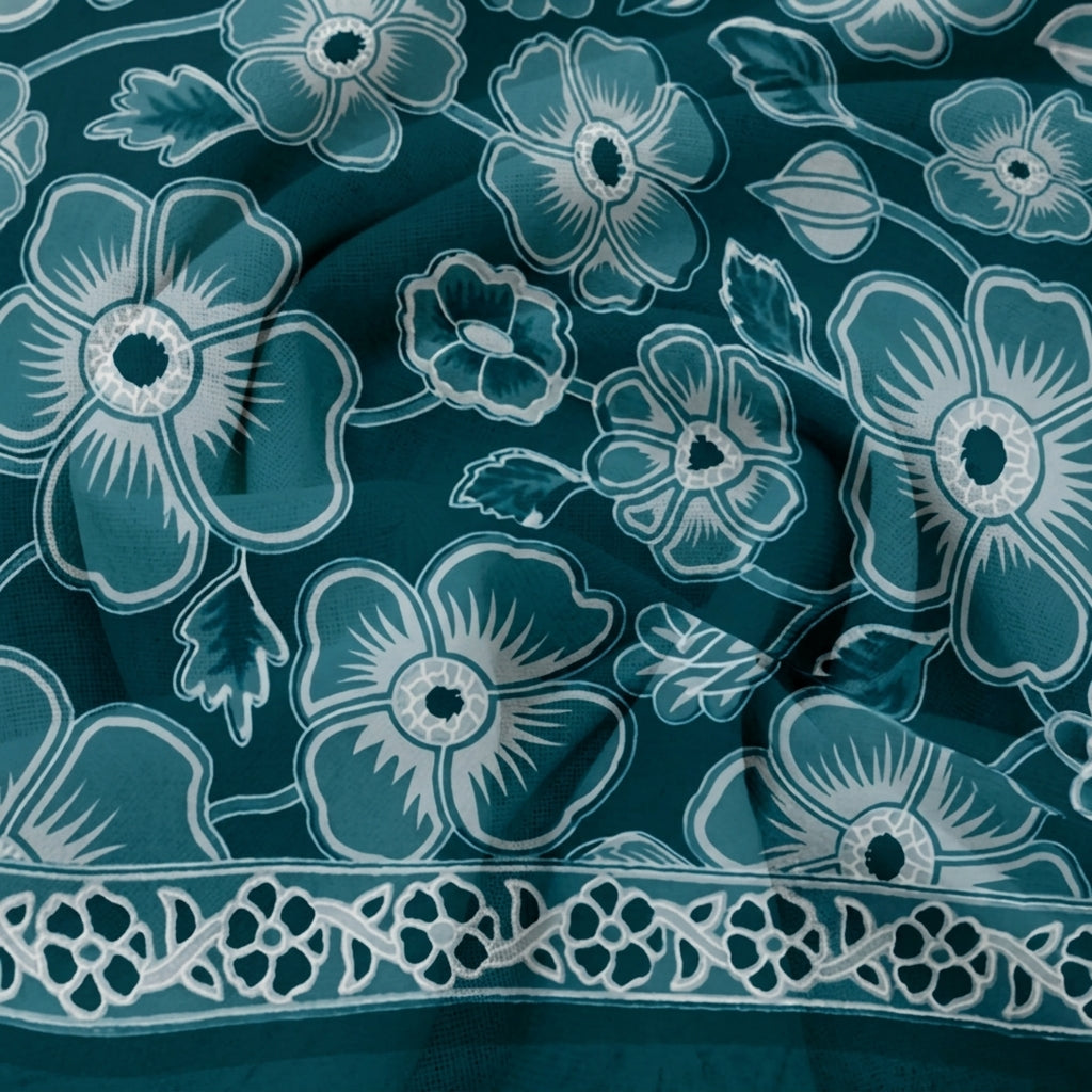 Swirled Floral Sea Blue Floral Cotton Fabric