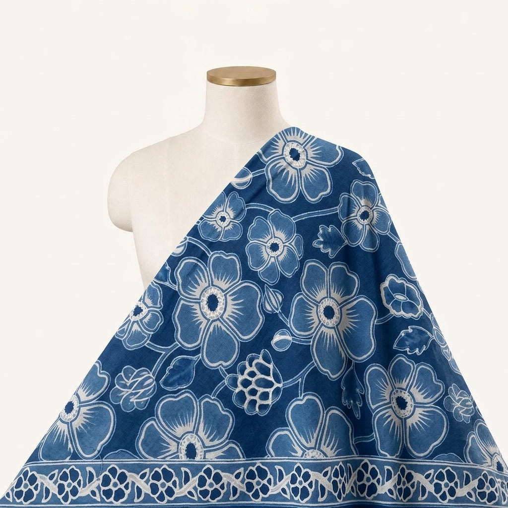 Floral Blue Floral Cotton Fabric Draped as a saree