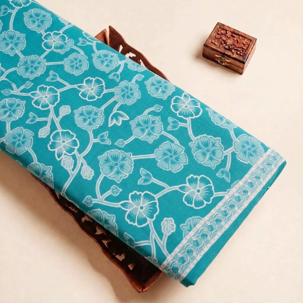 Folded Blue Floral Cotton Fabric Highlighting Border and Texture