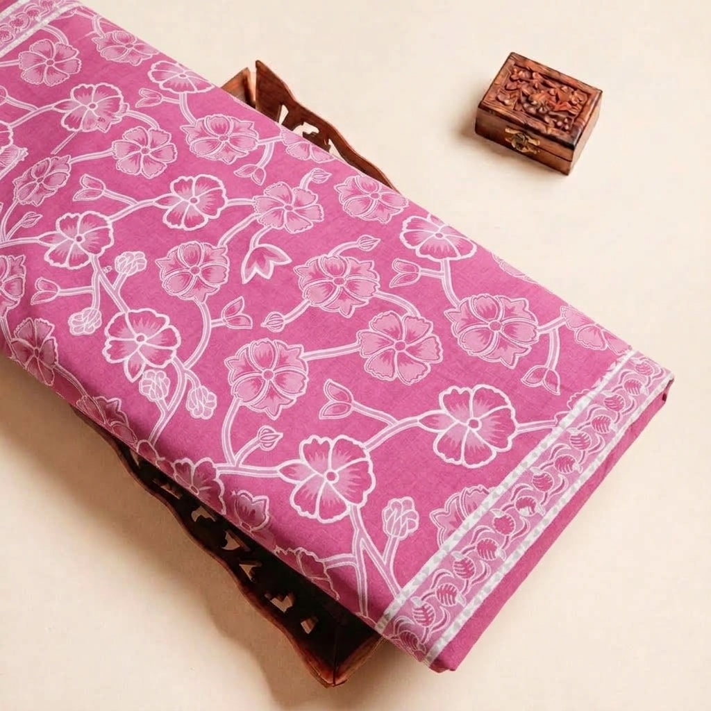 Folded Pink Floral Cotton Fabric Highlighting Border and Texture