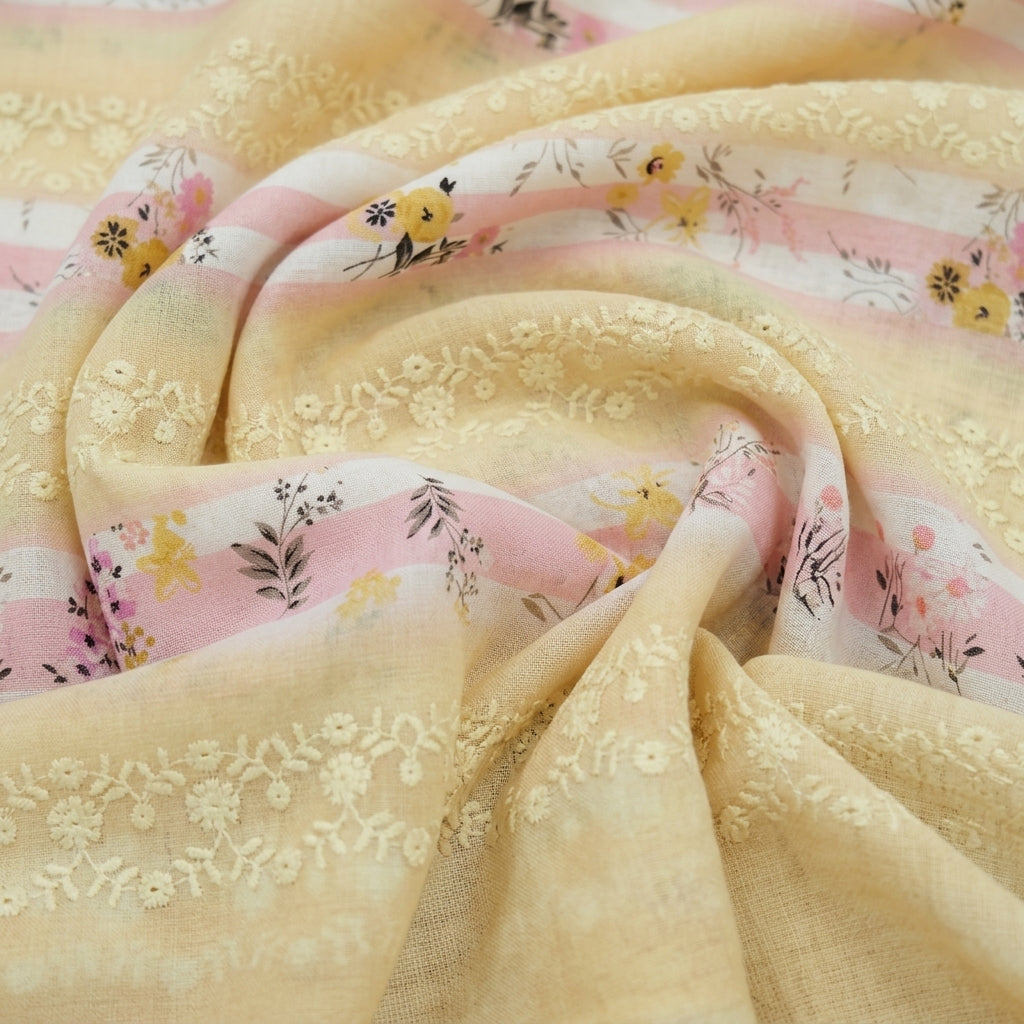 Swirled Embroidery Yellow Embroidery Cotton Fabric