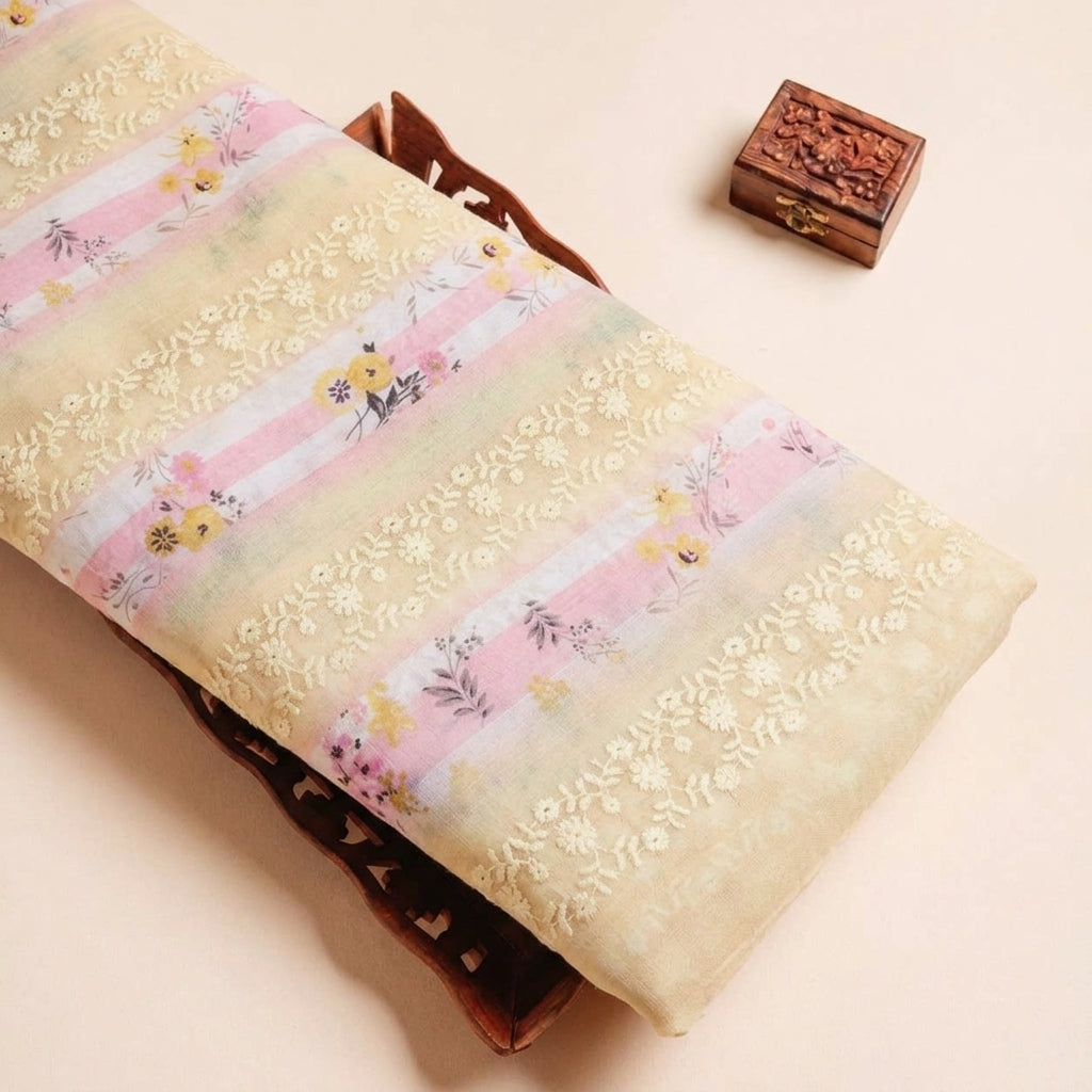 Folded Yellow Embroidery Cotton Fabric Highlighting Floral Thread Work and Texture
