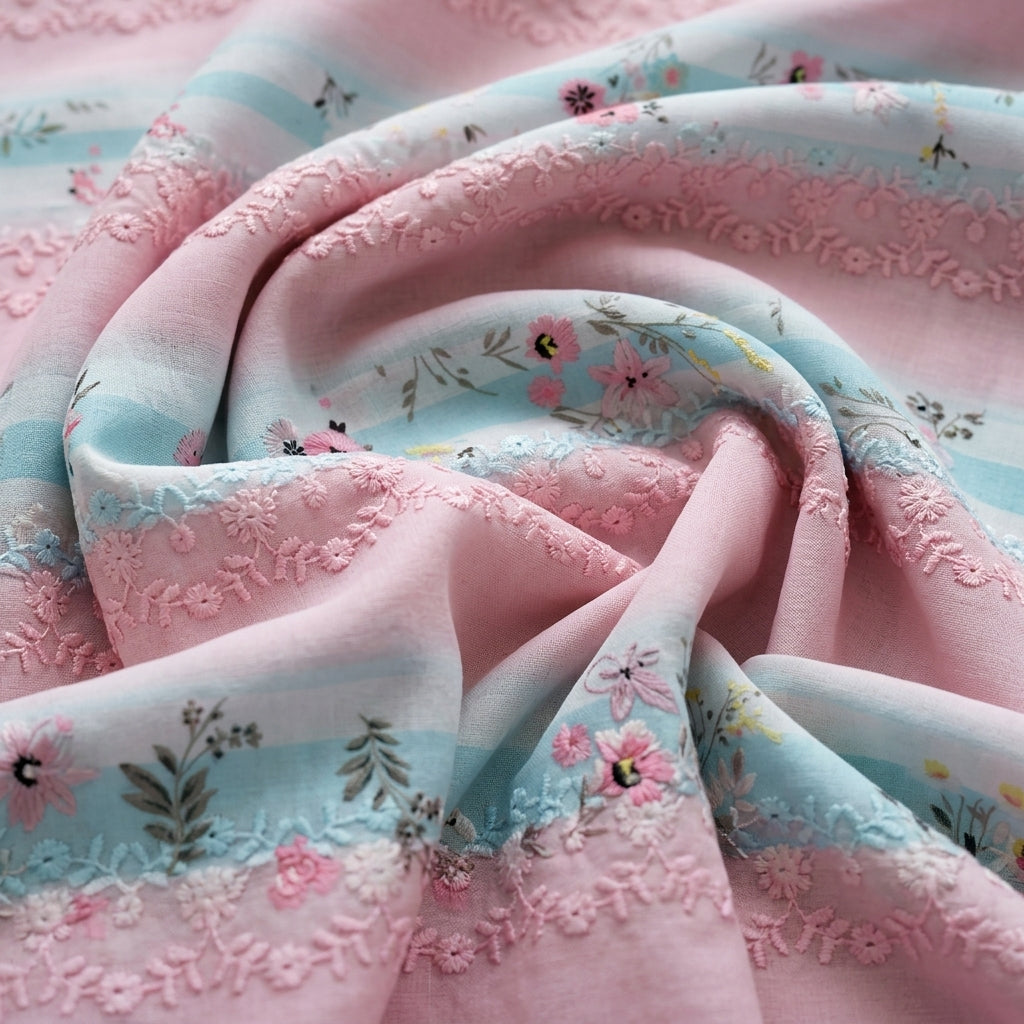 Swirled Embroidery Pink Embroidery Cotton Fabric