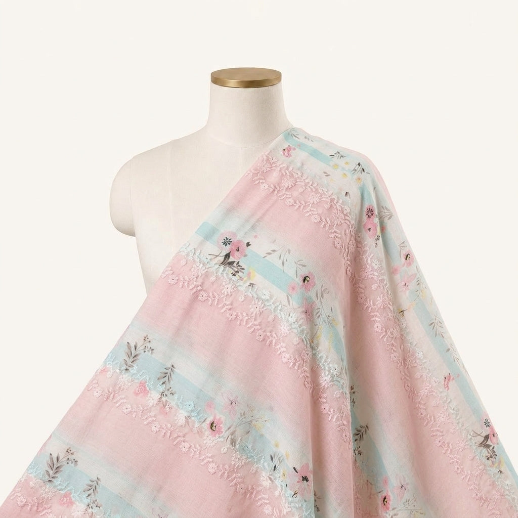 Embroidery Pink Embroidery Cotton Fabric Draped as a saree