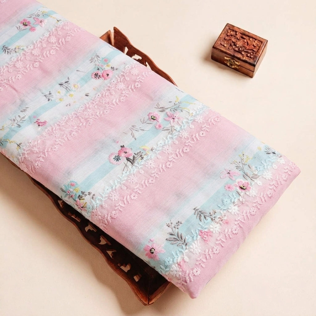 Folded Pink Embroidery Cotton Fabric Highlighting Floral Thread Work and Texture